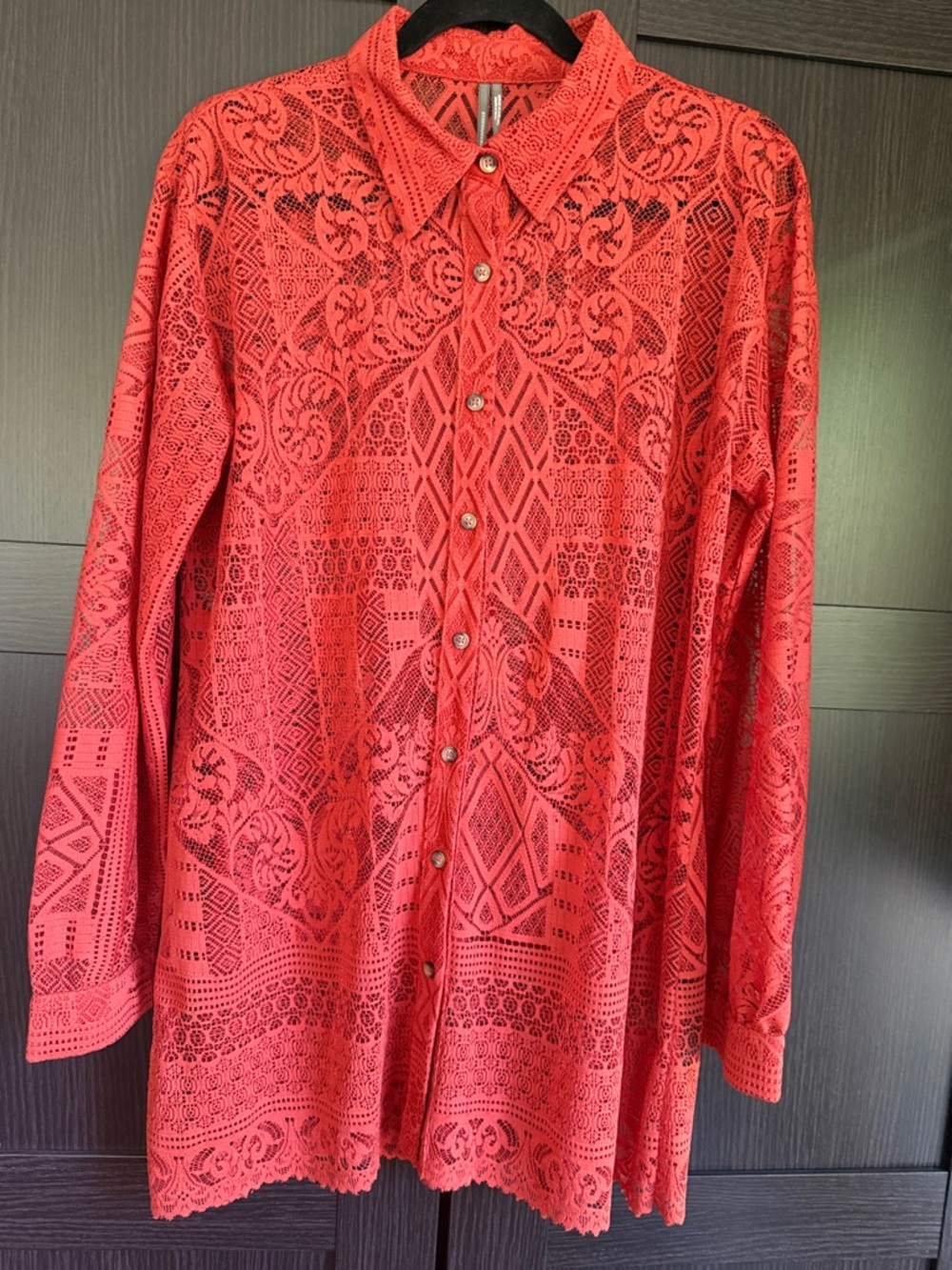 Anthropologie Coral Lace Button-Up Tunic